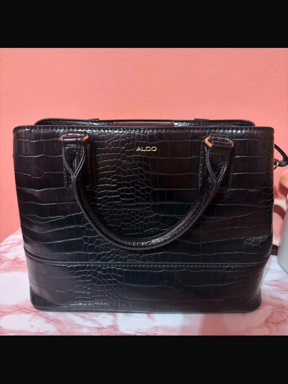 ALDO Black Croc-Embossed Satchel with Gold Accents